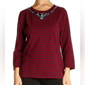 J. Crew Maroon and Navy Embellished Striped Tee Small